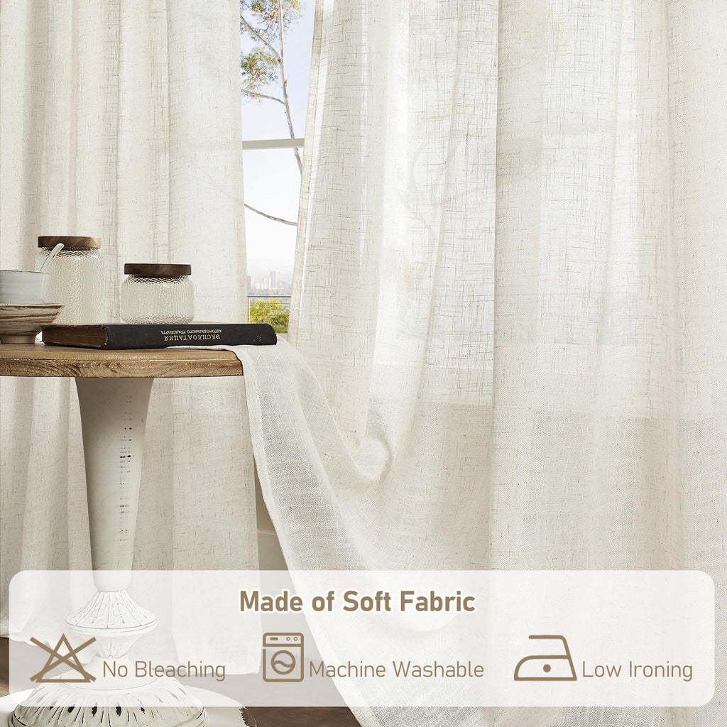 Linen Semi Sheer Curtains 96 inch Length 2 Panels Set Cream Ivory