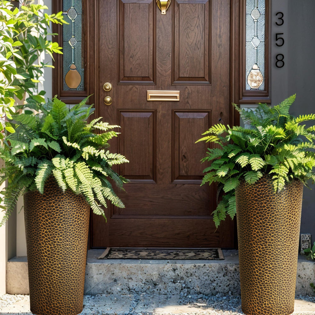 25" H. Metal Hand-Hammered Planters with Inner Pots 2-Pack, Bronze Decor Planter for Deck, Patio, Porch - Galvanized