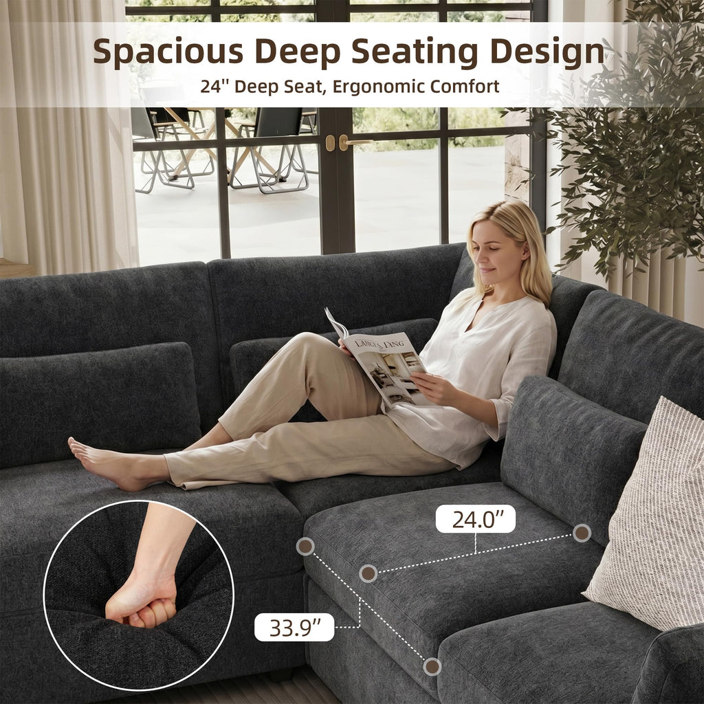 109.1'' Modular Sectional Sofa, L Shaped Oversized Extra Deep Couches, 5-Seat Chenille Couch with Wooden Legs, 2 Arm