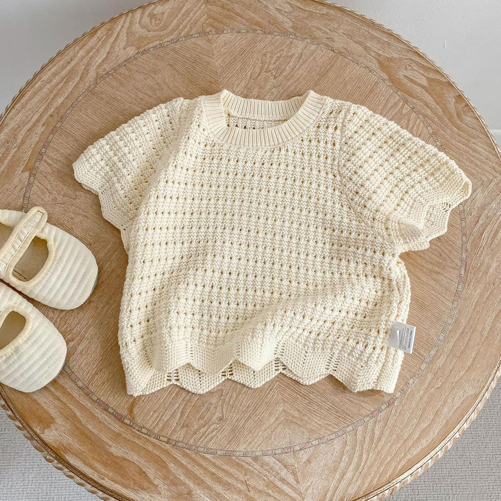 Baby Little Girls Summer Knit 2 Piece Outfit, Toddler Short Sleeve Crochet Top and Shorts Set