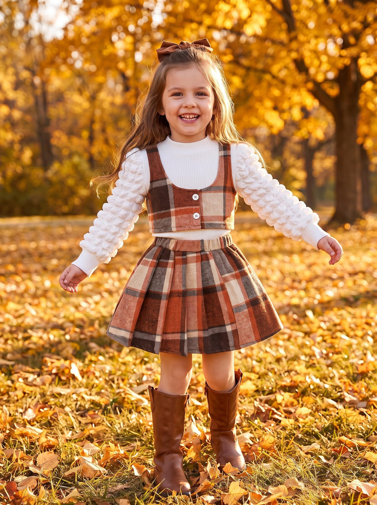 Toddler Girls Plaid Outfits Puff Sleeve Knit Ribbed Tops Button Down Vest Plaid Skirt Set Girls Fall Winter Clothes