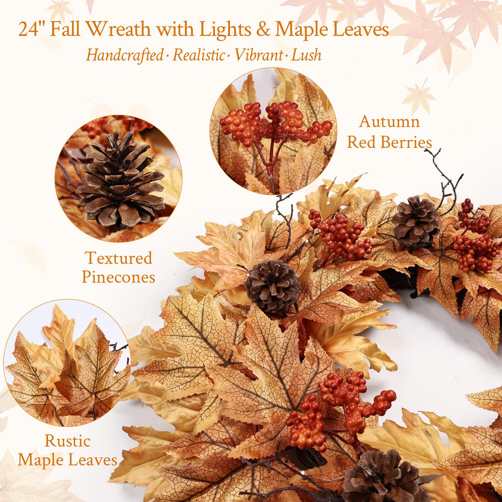 24in Pre-lit Fall Wreaths for Front Door with 20 Lights & Timer