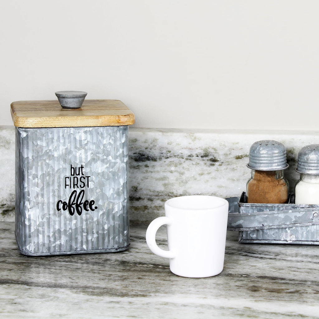 Farmhouse Galvanized Canisters (Set of 3); Storage Containers for Coffee, Tea and Sugar in Galvanized Iron and Wood
