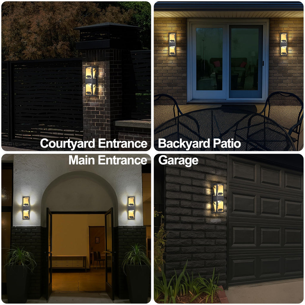 Rustic Exterior Wall Lights with Bear Pattern, Black Porch Lights Outdoor with Warm Amber Lampshade, Waterproof Up