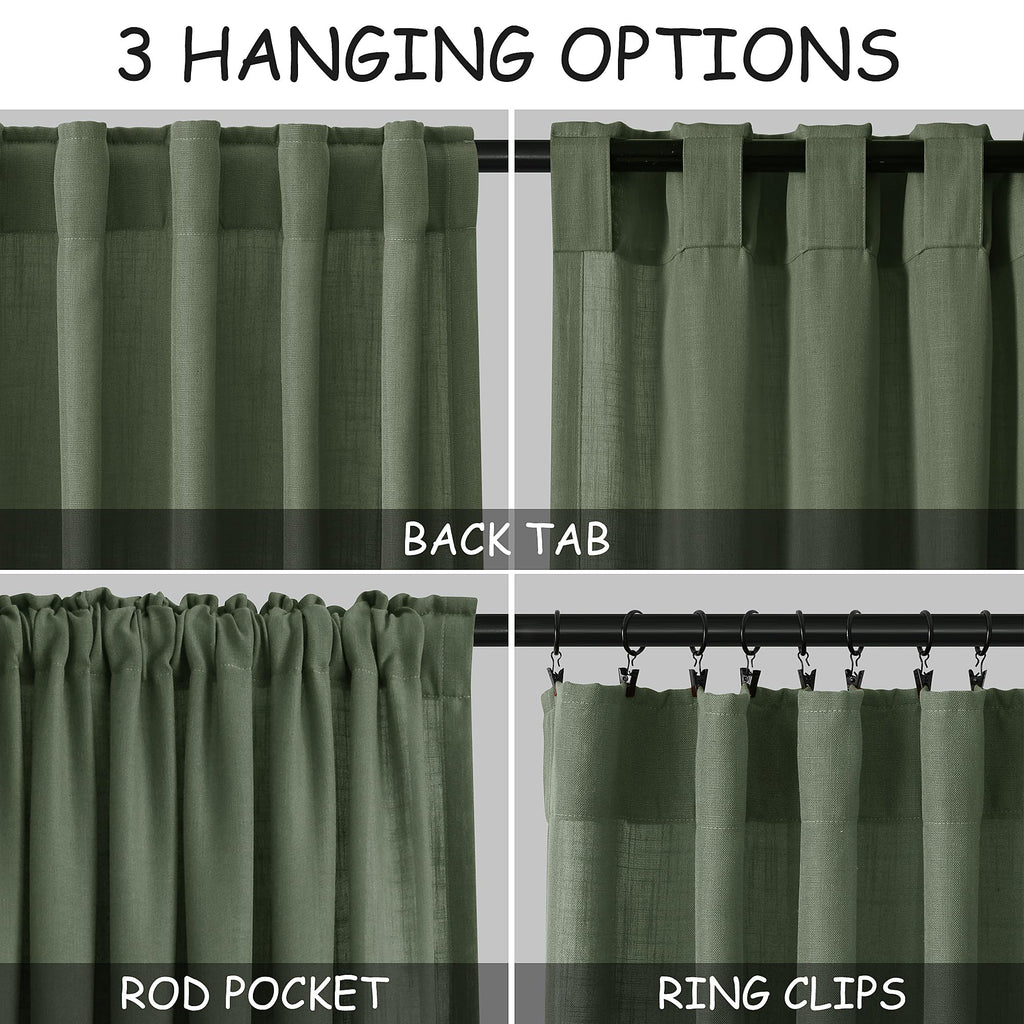 Olive Green Linen Curtains 2 Panels Set 95 Inch Length Back Tab Light Filtering Semi Sheer Curtain Drapes 52x95