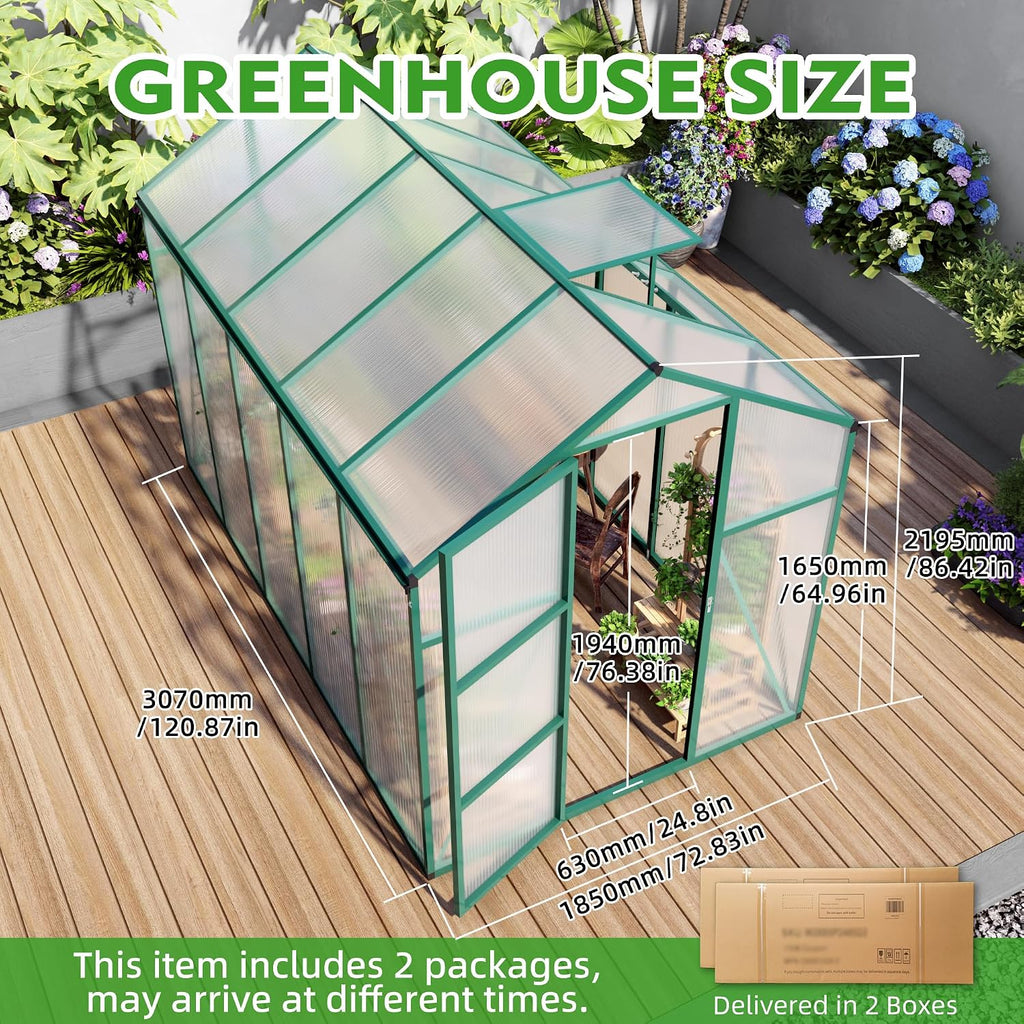 6x10 FT Outdoor Greenhouse, Large Aluminum Greenhouses with Roof Vent, Polycarbonate Greenhouse Raised Base and