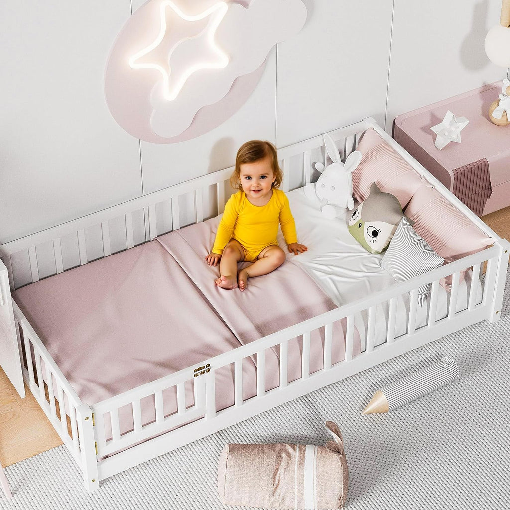 Twin Floor Bed for Children, Sturdy Wood Montessori Bed Frame with Wood Slats, Fence & Door, Montessori Floor Bed for