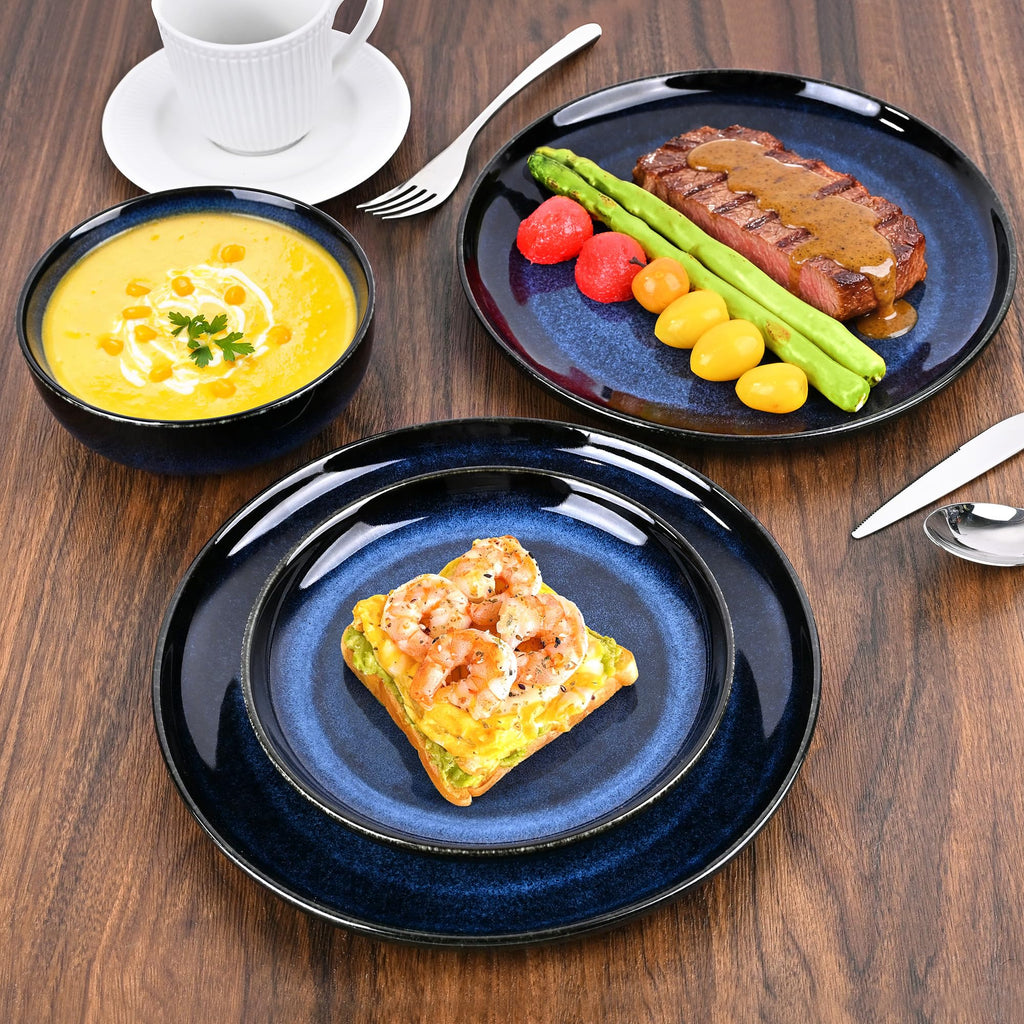 16 Pcs Porcelain Dinnerware Sets for 4 with Double Bowls, Blue