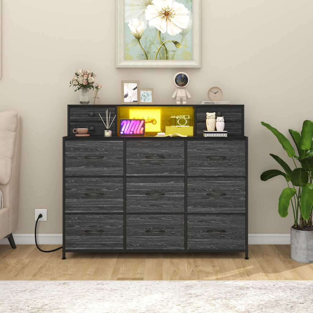 Black Dresser with Charging Station and LED Lights 13 Drawers Dressers Long Dressers & Chests of Drawers Hallway