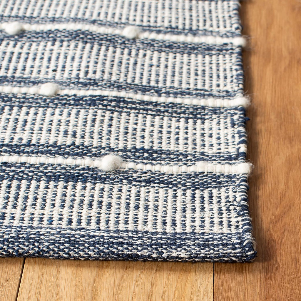 Striped Kilim Collection Area Rug - 9' x 12', Navy & Blue, Handmade Flat Weave Cotton, Ideal for High Traffic Areas