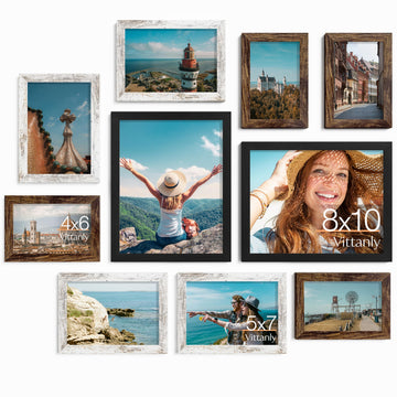 10 Pack Gallery Wall Frame Set, Black, Brown, Distressed White