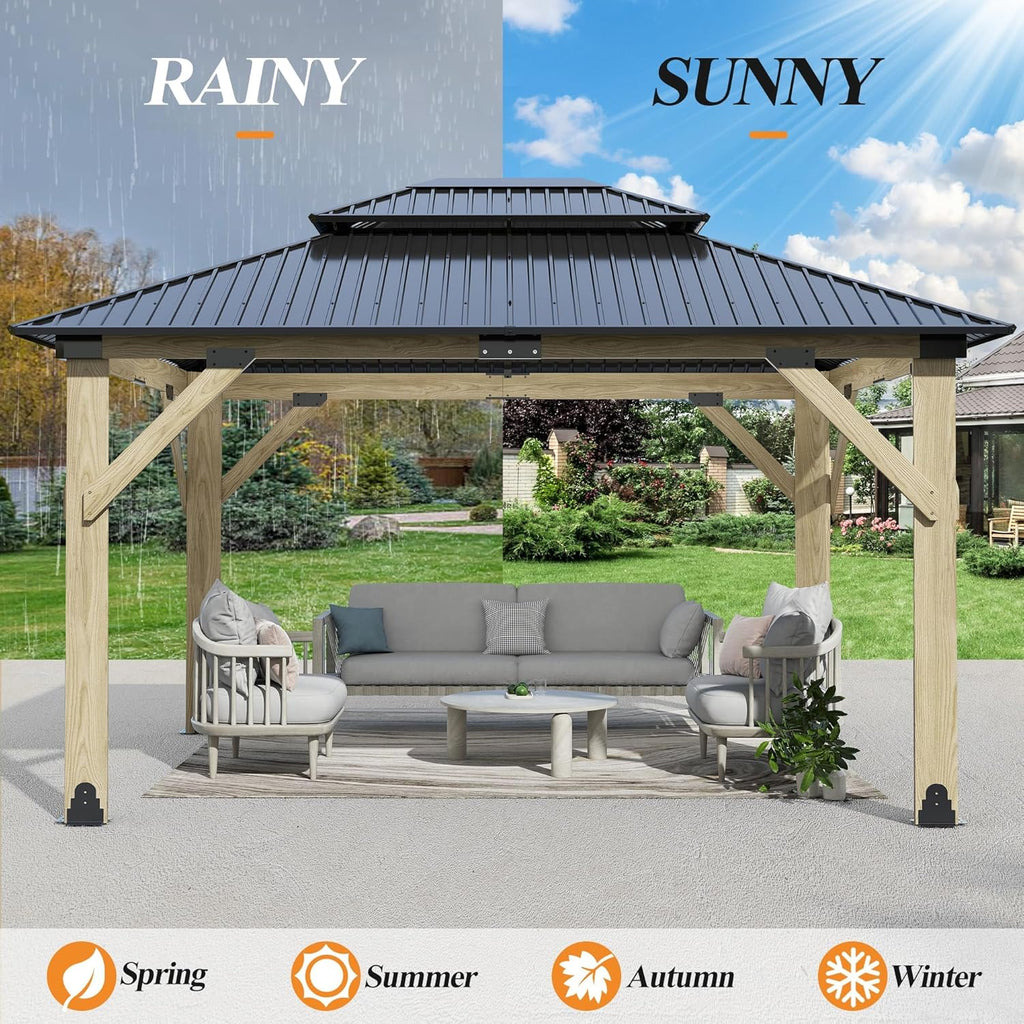 11’x13’ Outdoor Wooden Gazebo - Patio Galvanized Steel Gazebo with Double Vented Roof