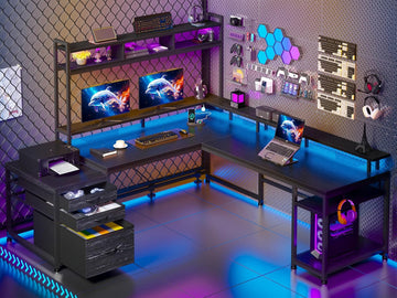 64x59 Inch Two Person L Shaped Gaming Desk with Shelf & LED Lights | 4-Layout with 4 AC+2 USB Charging Ports, Remote