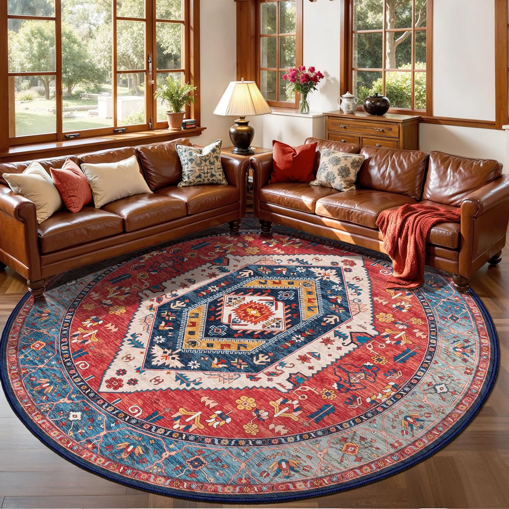 Boho Round Area Rug, 8ft Washable Non-Slip Circle Rug, Ultra Soft Large Oriental Vintage Rust Low-Pi