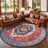 Boho Round Area Rug, 8ft Washable Non-Slip Circle Rug, Ultra Soft Large Oriental Vintage Rust Low-Pi