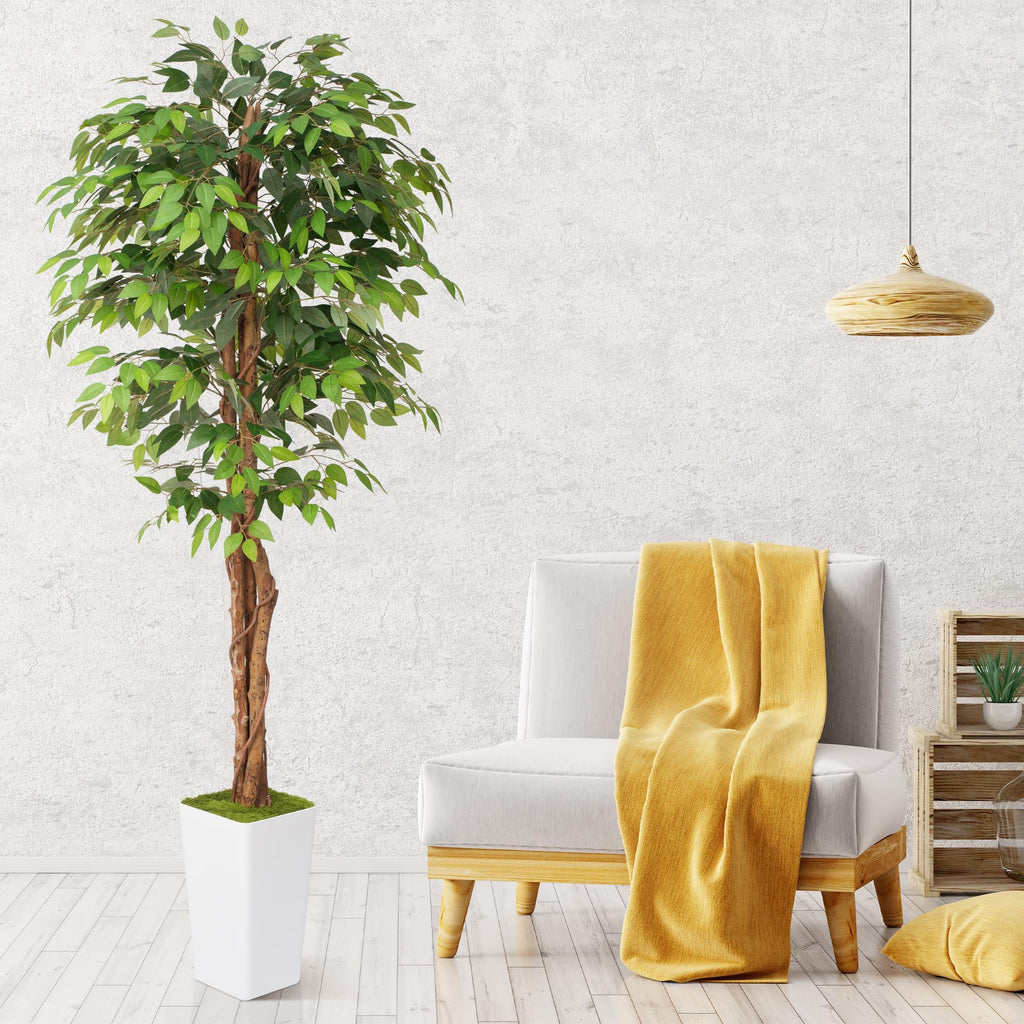 Artificial 7Ft Ficus Silk Tree with Tall Planter - Faux Plants Indoor with Natural Wood Trunk - Large Tall Fake