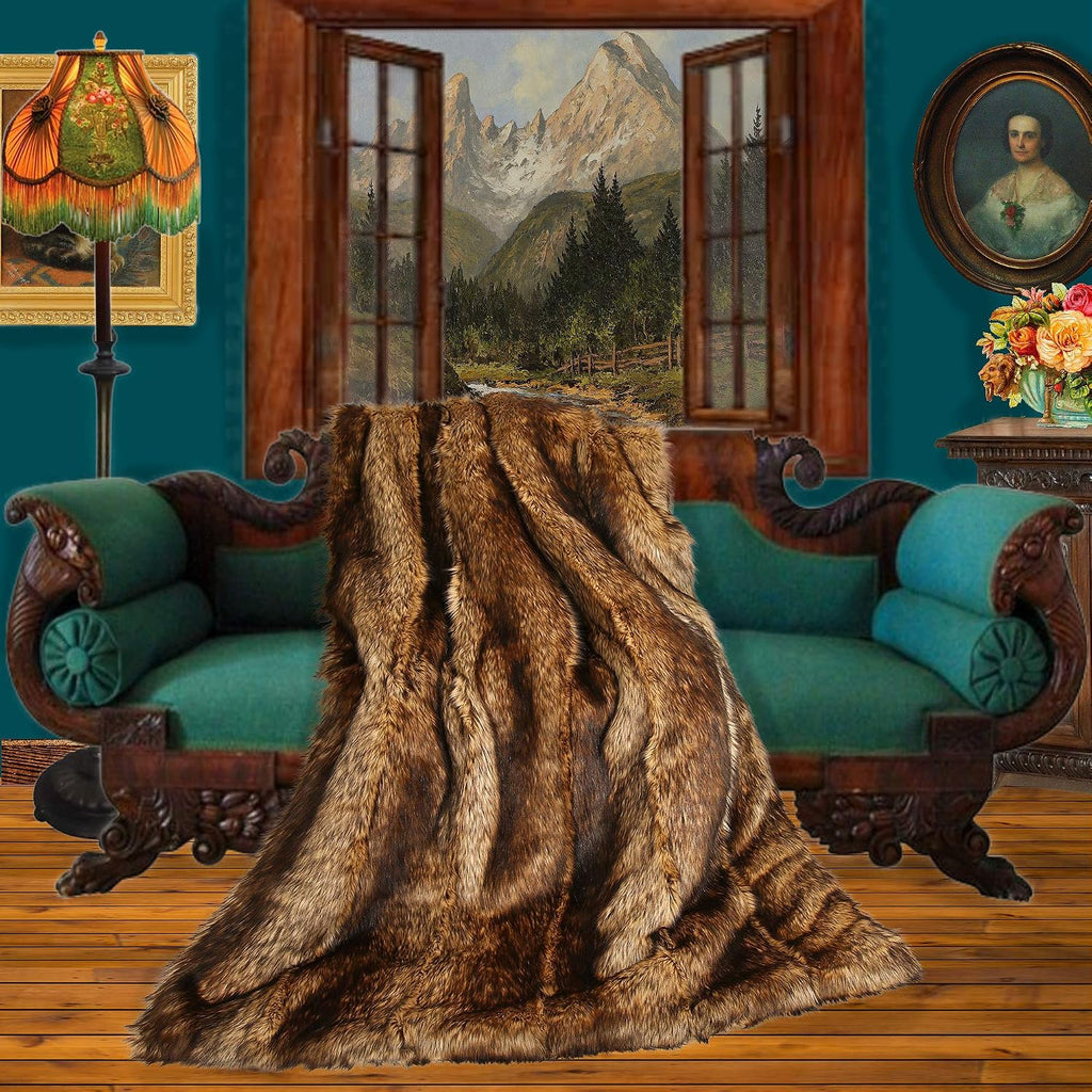 Plush Throw - Luxurious Pieced Fur Blanket - Golden Brown Wolf - Premium Quality Faux Fur - Designer Throw Blanket