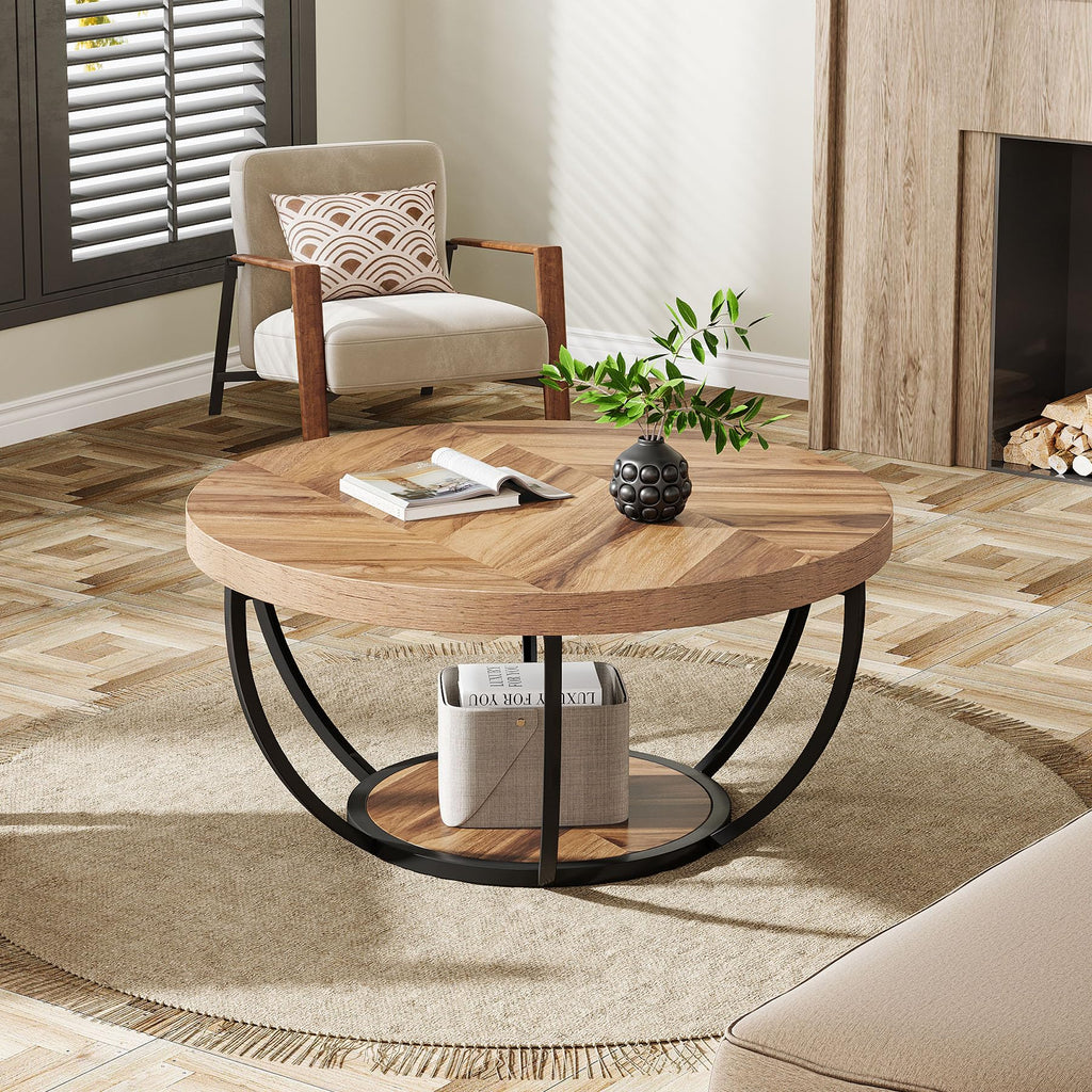 31.7" Round Wooden Coffee Table with Storage Pedestal
