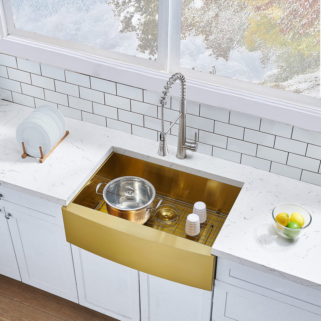 Gold Farmhouse Sink, 30 Inch Gold Kitchen Sink, Flat Apron-Front Undermount Farm Sinks, 30x22 Inch Stainless Steel 16