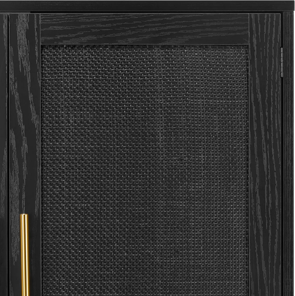 4 Door Sideboard Buffet Cabinet, Kitchen Storage Buffet with Black Painted Rattan Decorated Doors