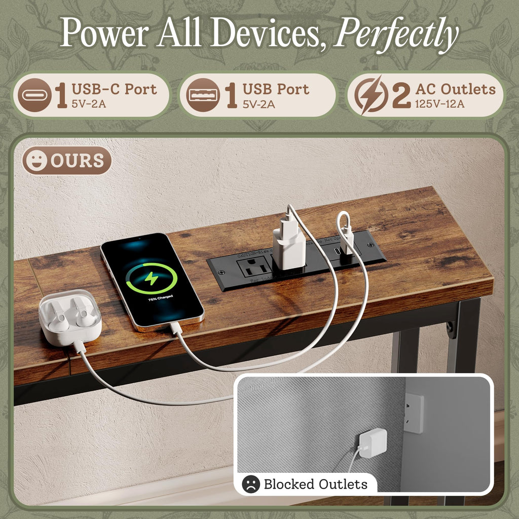 129.9 Inch Behind Couch Table with 2 Power Outlets and USB-C Ports, Extra Long Narrow Sofa Table for Sectional Sofa