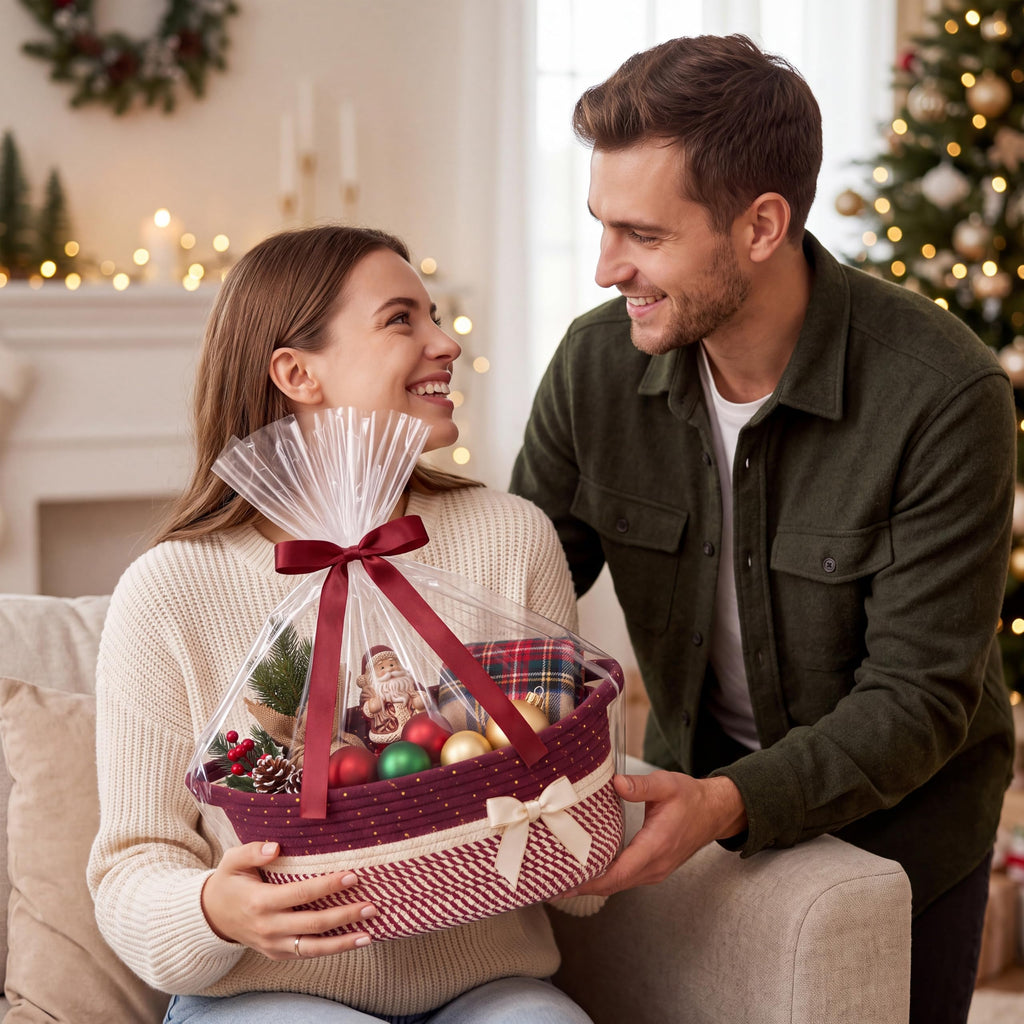 Woven Christmas Gift Basket Empty, Burgundy, White