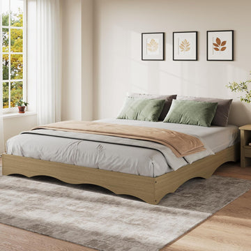 Japanese-Inspired Low Profile Wood Platform Bed Frame with Wavy Edge - Solid Slat Support, Noise-Free, No Box Spring
