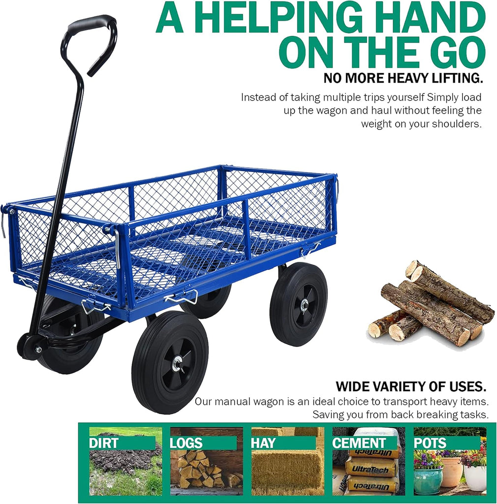Solid Wheels 10" Flat Free Tires Steel Garden Wagon cart A Large-Capacity mesh with a Load of 1100LBS,with Detachable