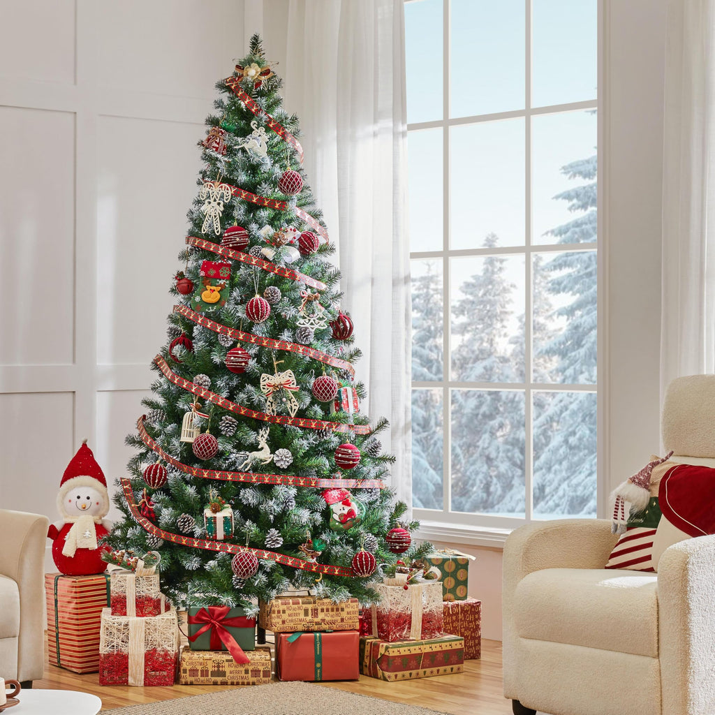 7.5ft Artificial Christmas Tree, Snow Flocked Christmas Tree w/82 Pinecones, 1346 Frosted Tips, Pre-Decorated Tree
