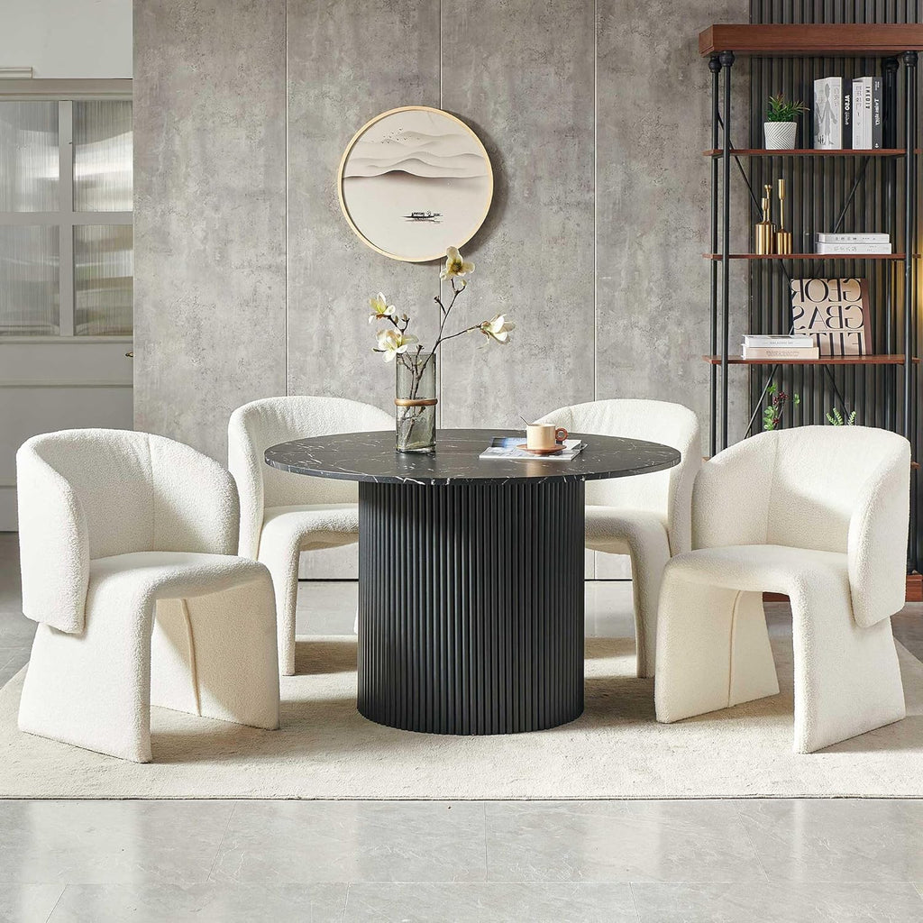 47" Round Dining Table for 4, Modern Farmhouse Marble-Look Foiled Top with MDF Striped Base, Kitchen & Dining Room
