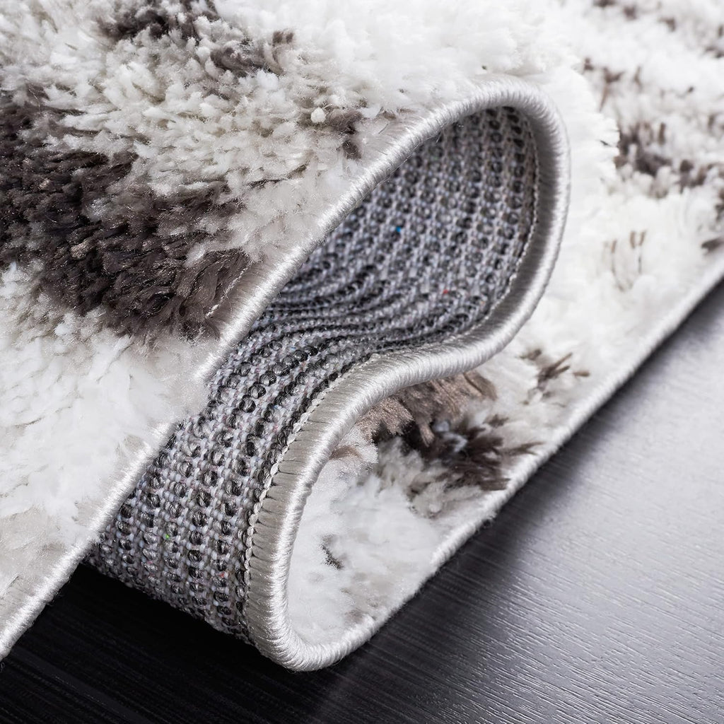 Berber Shag Collection Area Rug - 7' Square, Light Grey & Dark Grey, Stripe Design, Non-Shedding & Easy Care