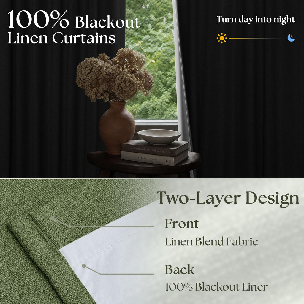 84 Inch Olive Green Linen Pinch Pleated Blackout Curtains Dual Layer