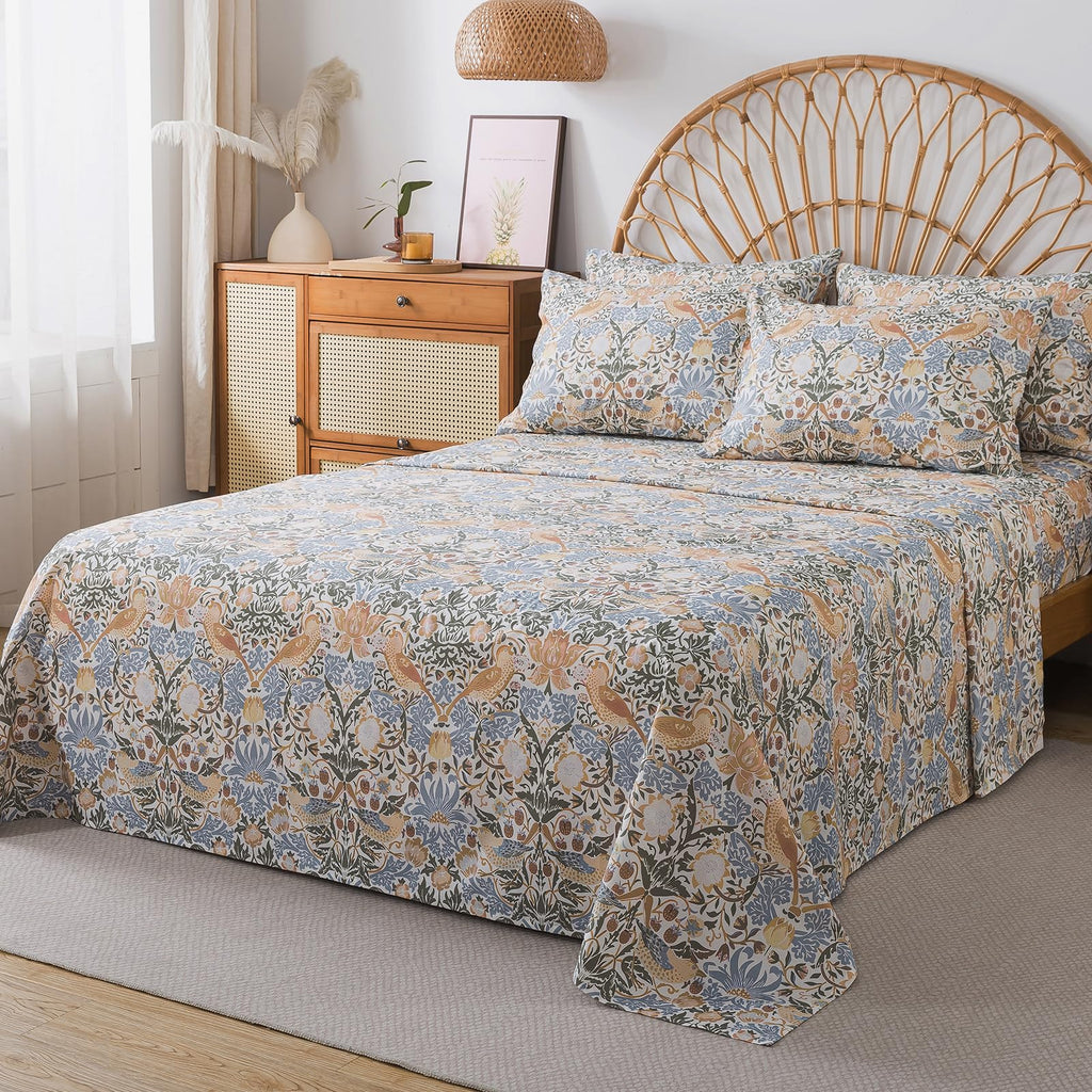 100% Cotton 4-Piece Floral Bed Sheet Set in Blue & Sage Green, Vintage Fall Botanical Bird Bedding