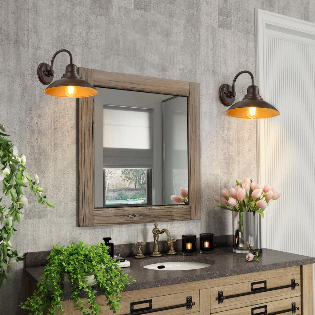 2 Pack Bronze Vanity Barn Lights, Farmhouse Gooseneck Wall Sconce with E26 Socket, Round Outdoor/Indoor Metal Light