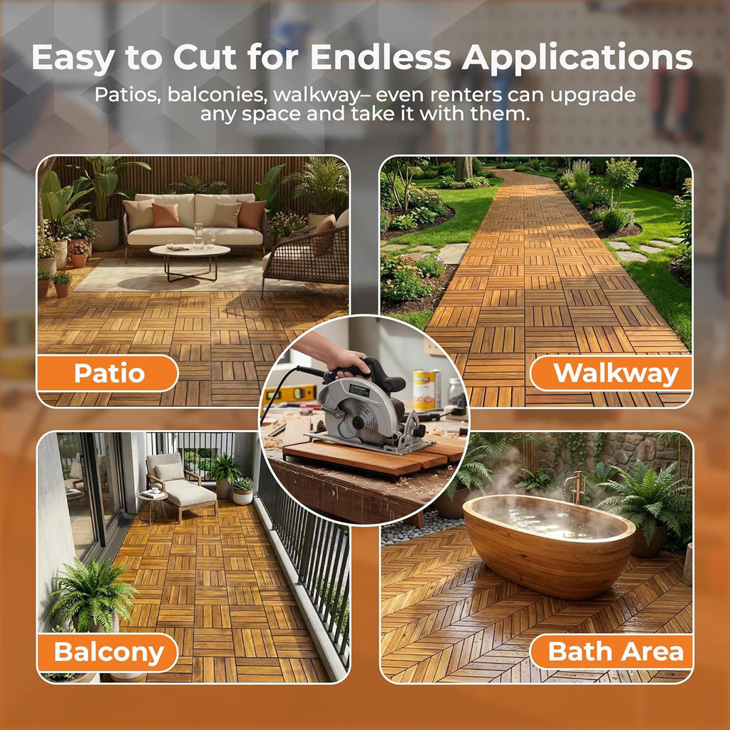 Interlocking Slat Deck Tiles, Acacia Wood Interlocking Deck Tiles - Easy Installation for Patio Flooring & Walkways