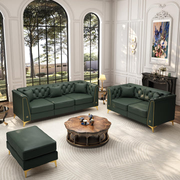 3-Piece Chesterfield Sofa Set, Tufted Faux Leather, Green