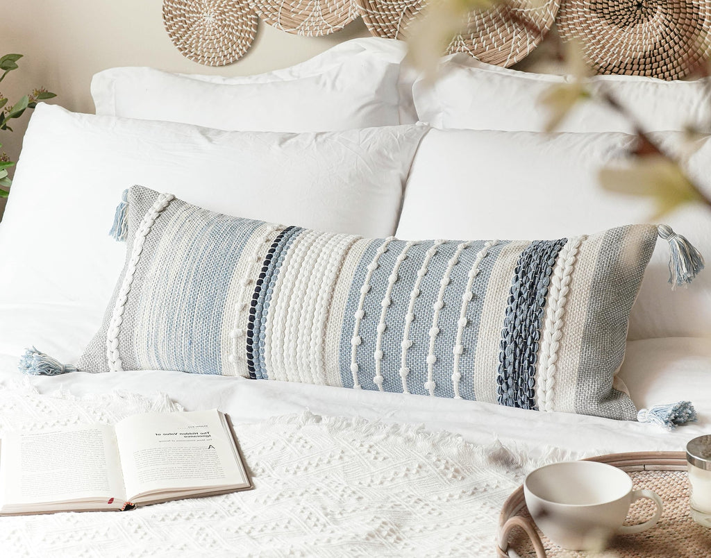Coastal Blue Decorative Lumbar Pillow Cover 14x36 Boho Long Body Pillow for Bed Farmhouse Lumbar Throw Pillow for