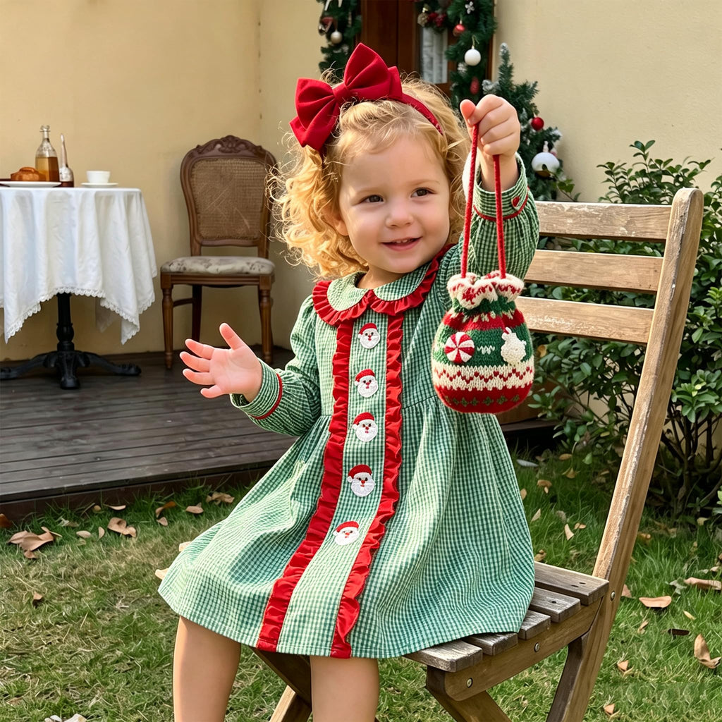 Christmas Toddler Baby Girl Outfit Plaid Smocked Dress Long Sleeve Collar Dress Fall Winter Cute Dresses for Girls