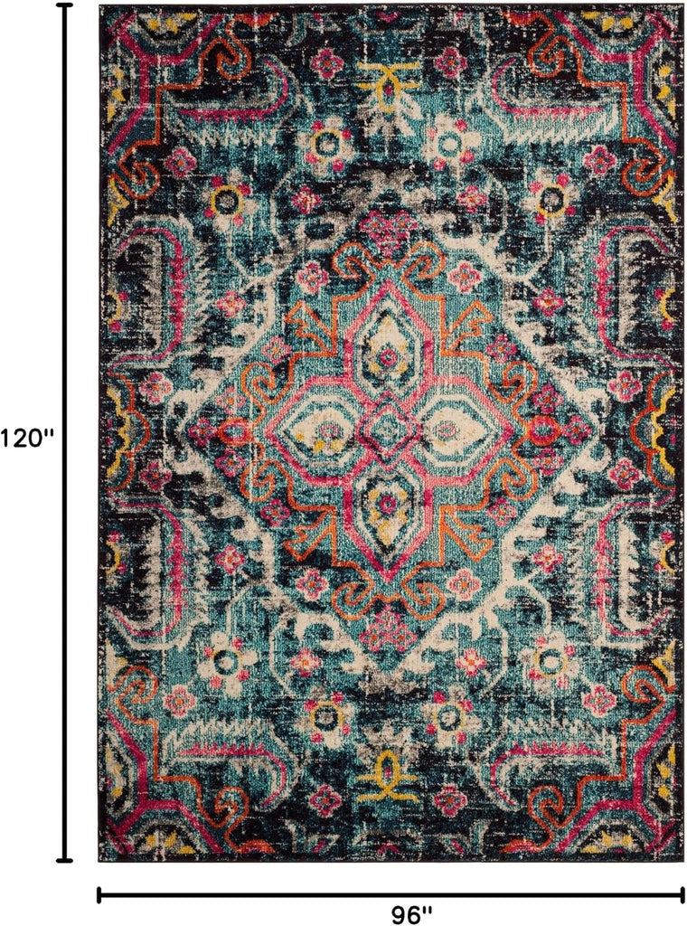 Monaco Collection Area Rug, Blue & Fuchsia, Boho Chic Medallion Distressed Design, Non-Shedding & Easy