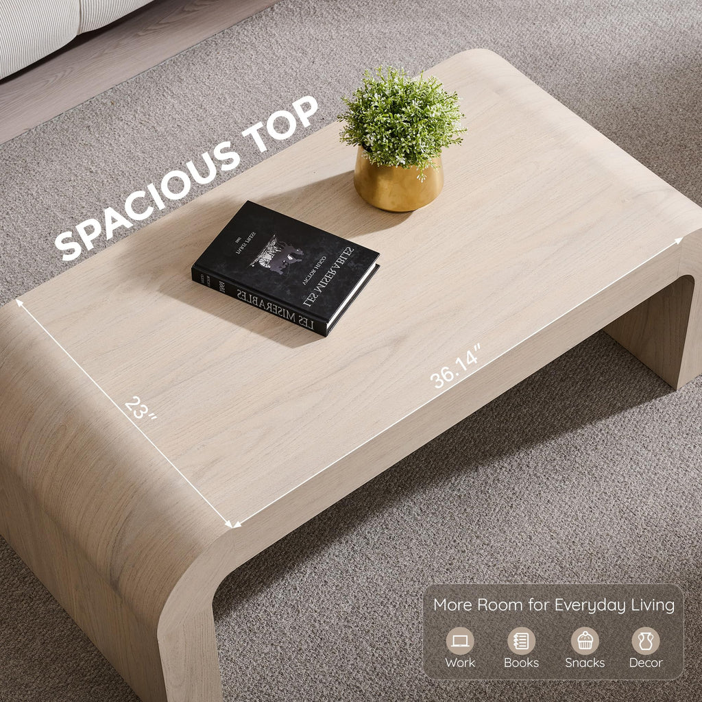 48" Modern Curved Coffee Table, Wood Minimalist Center Table, Cream