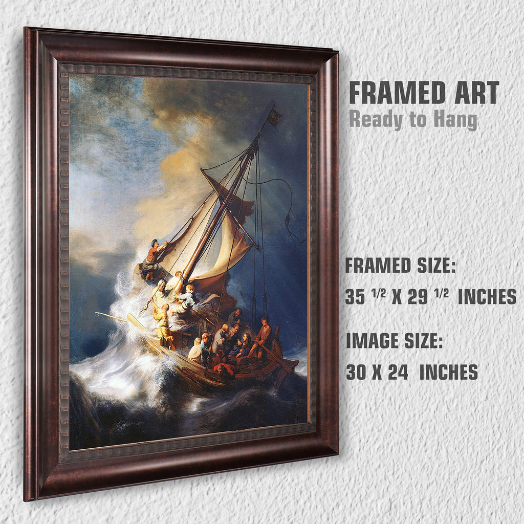 Christ in The Storm On The Sea of Galilee by Rembrandt van Rijn Dark Brown Faux Wood Grain Framed Size:35.5 x 29.5