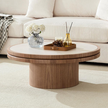 35.43" Round Coffee Table Sintered Stone for Living Room, Round Wood Pedestal Coffee Table with Travertine Texture Tab
