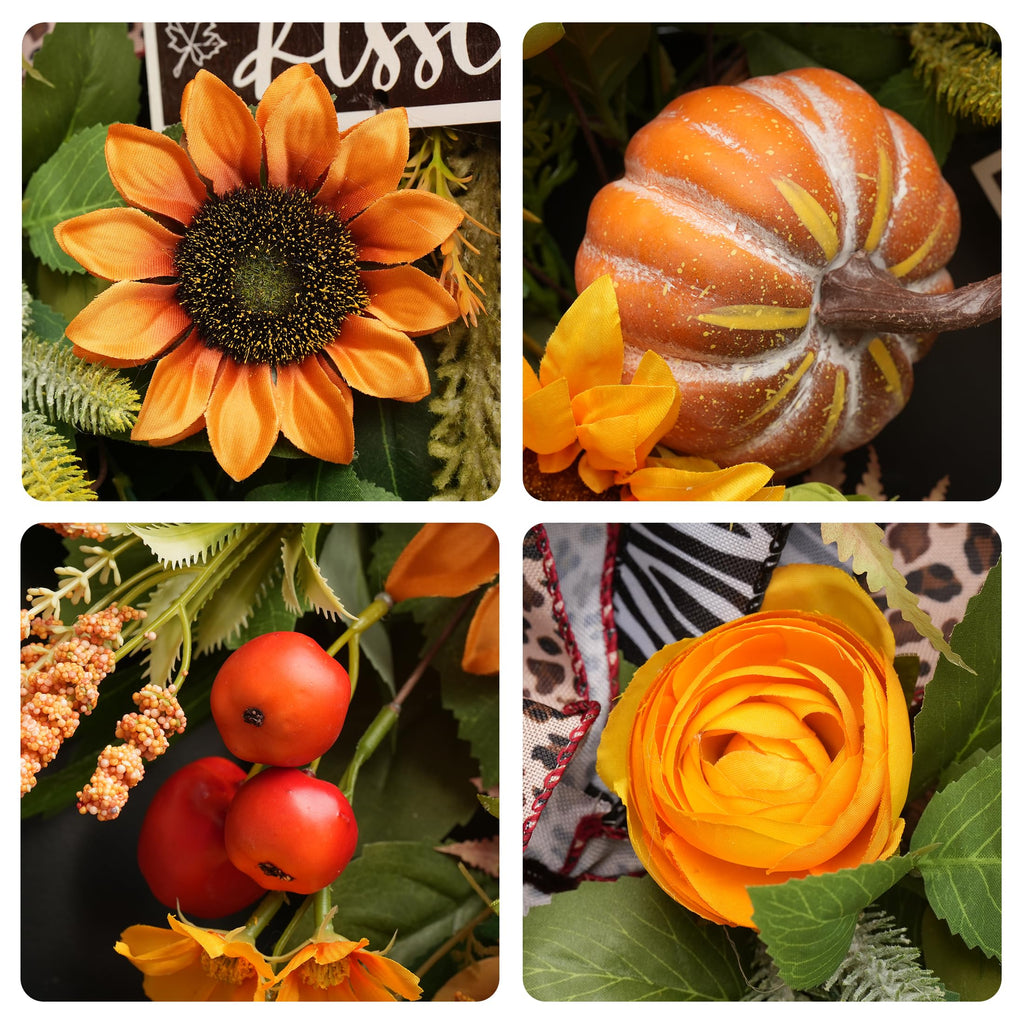 Fall Wreaths for Front Door 24 Inch, Autumn Harvest Wreath with Sunflower