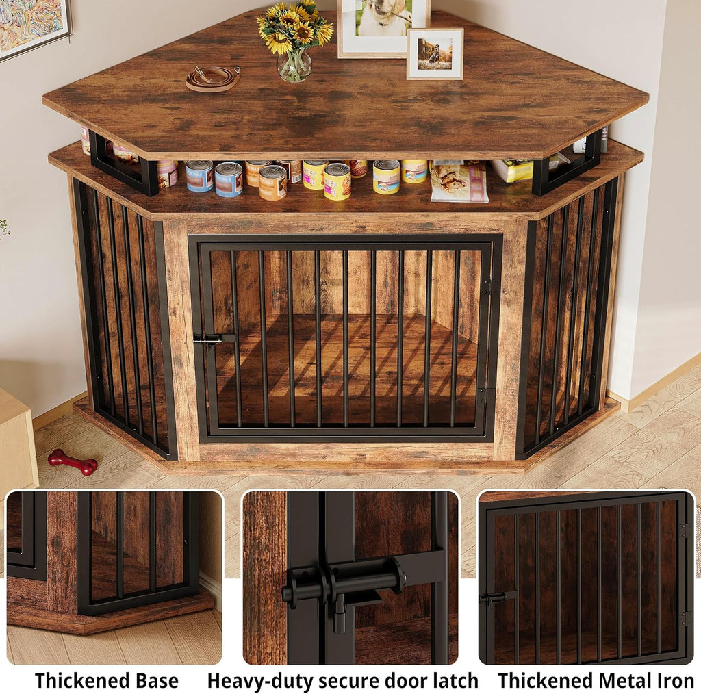 Large Corner Dog Crate Furniture with 2-Tier Storage Shelves