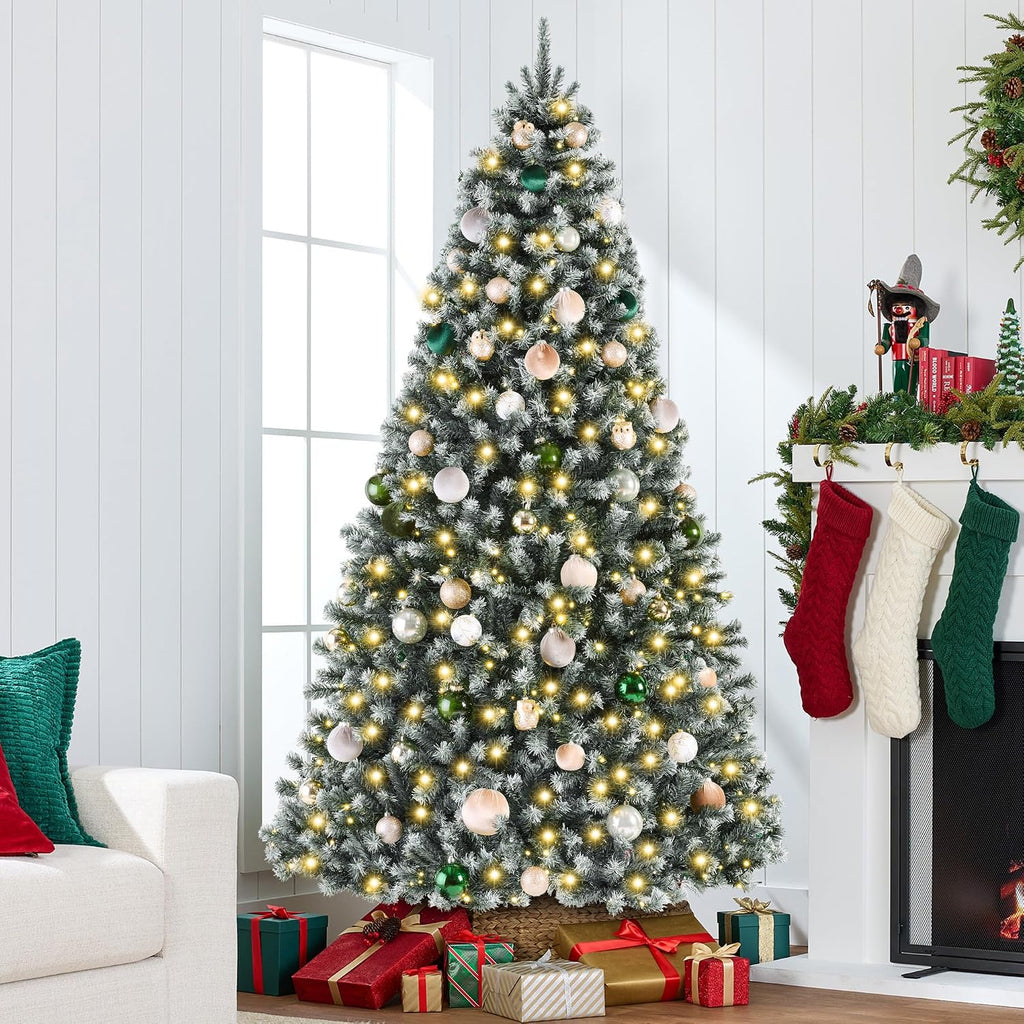 Artificial Frosted Christmas Tree, Premium Pre-Lit Realistic Spruce Holiday Décor w/Dense Branches, Metal Base