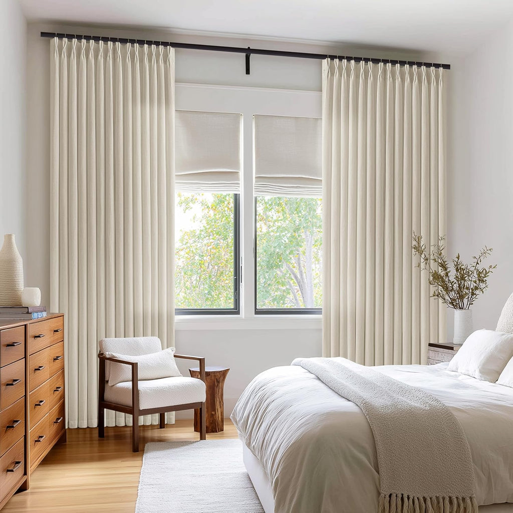 Neutral Linen Curtains 102 Inch Long Pinch Pleated 2 Panels for Living Room Light Filtering Semi Sheer Pinch Pleat