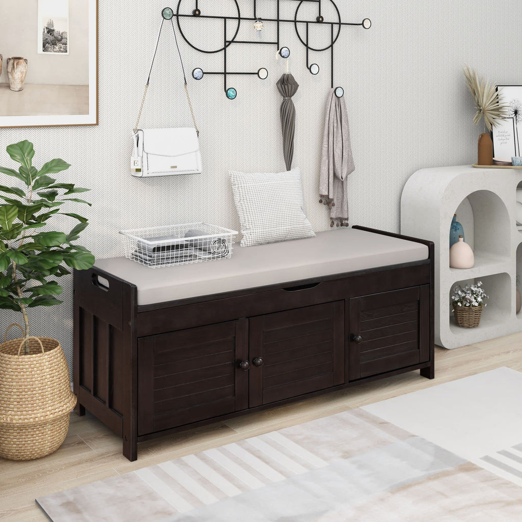 Farmhouse Solid WOD Entryway Bench with Seat Cushion Multifunctional Shoe Storage Cabinets Living Room Bedroom