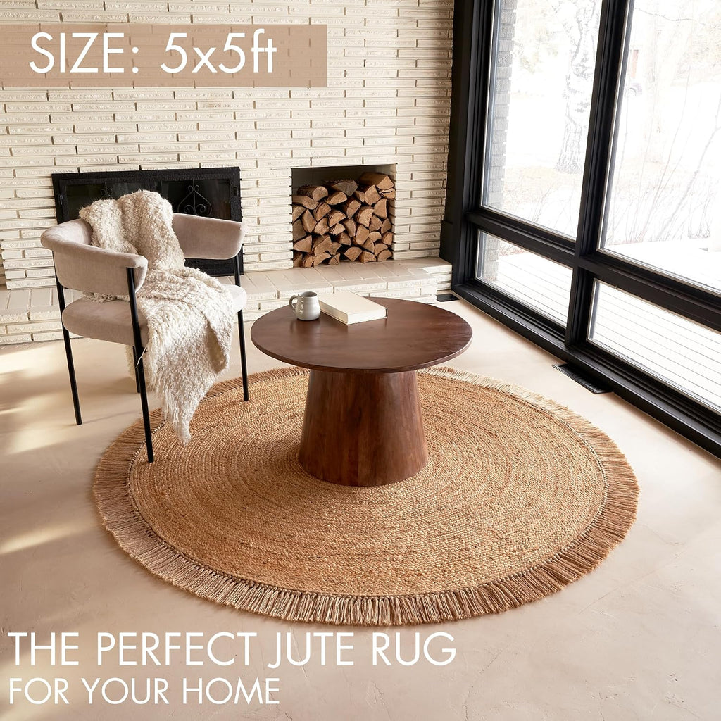 Beautiful 5x5 ft Round Jute Area Rug - Natural Hand Woven Braided Circle | Fits Perfectly Into Your Entry Area