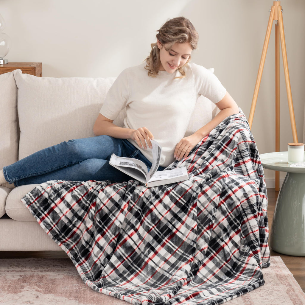 Classic Heavyweight Soft Printed VelvetLoft Plush Throw Blanket, Cozy and Fuzzy, Plaid Black Red, 50in x 70in