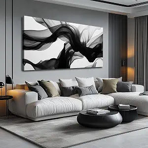 Large Abstract Wall Art, Black White and Gray Canvas Wall-Decor, Modern Minimalist Picture Prints Office, Size 59 x